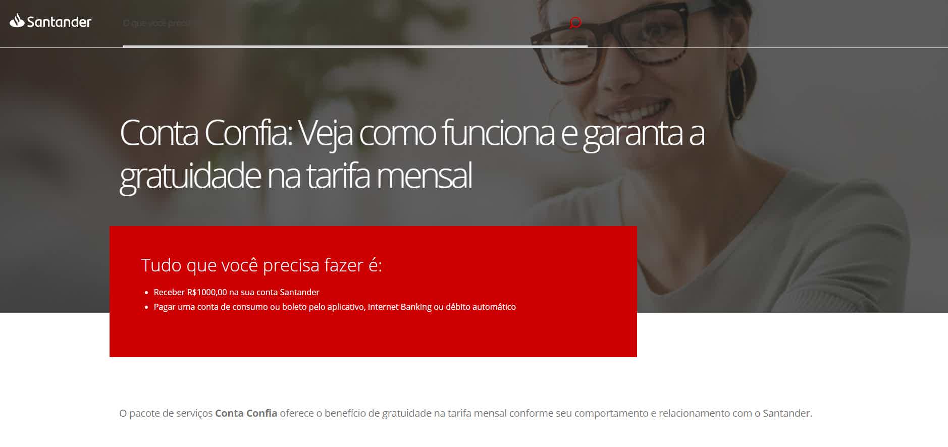 Benefícios da conta Santander Confia e do cartão Santander SX. Fonte: Santander.
