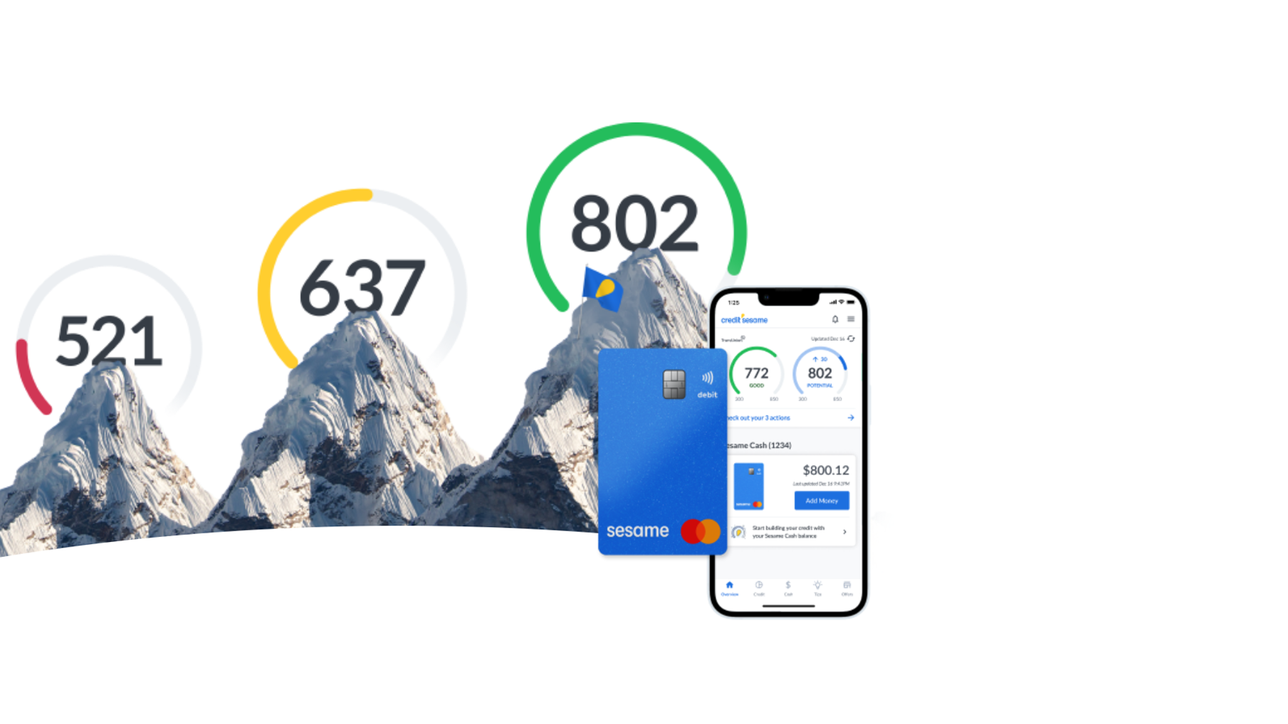 Celular com aplicativo Sesame, cartão Sesame e montanhas com credit score