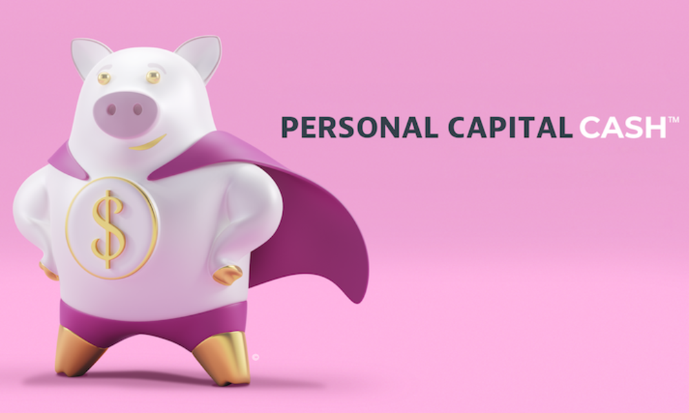 Logo Personal Capital Cash e porquinho fundo rosa