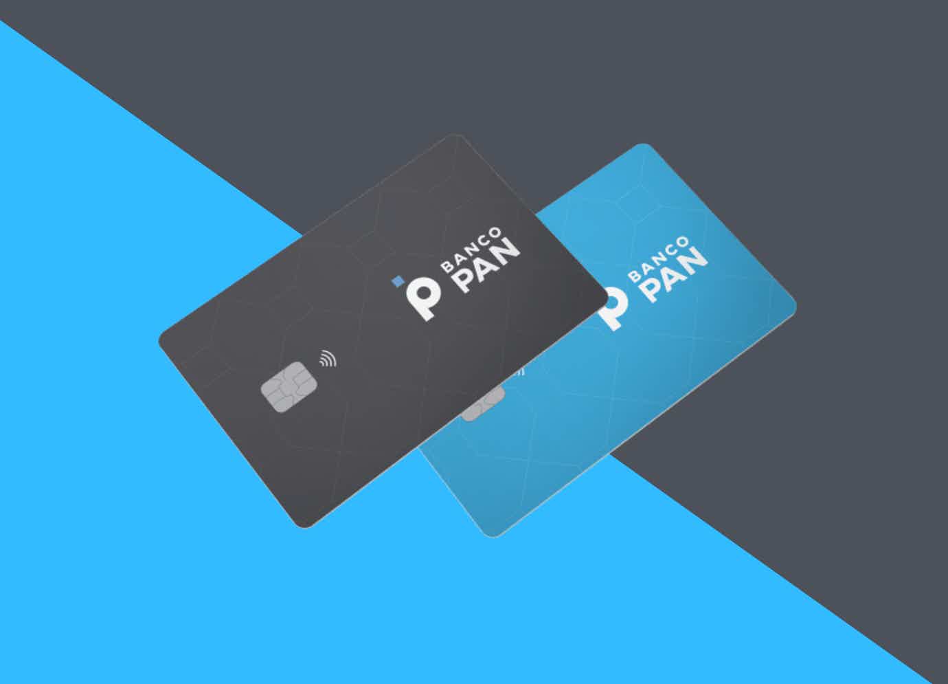 Fundo em preto e azul com dois cartões de crédito em destaque
