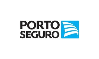Logotipo escrito "Porto seguro" em preto com um simbolo ao lado em azul