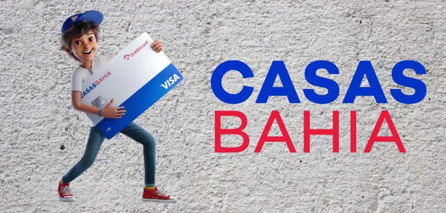 Imagem ilustrativa do mascote das Casas Bahia segurando um cartão de crédito da marca. Ao lado, logo das Casas Bahia.