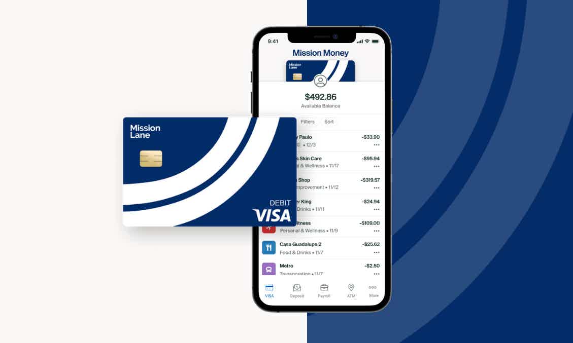 Mission Money Visa® debit card e celular com aplicativo