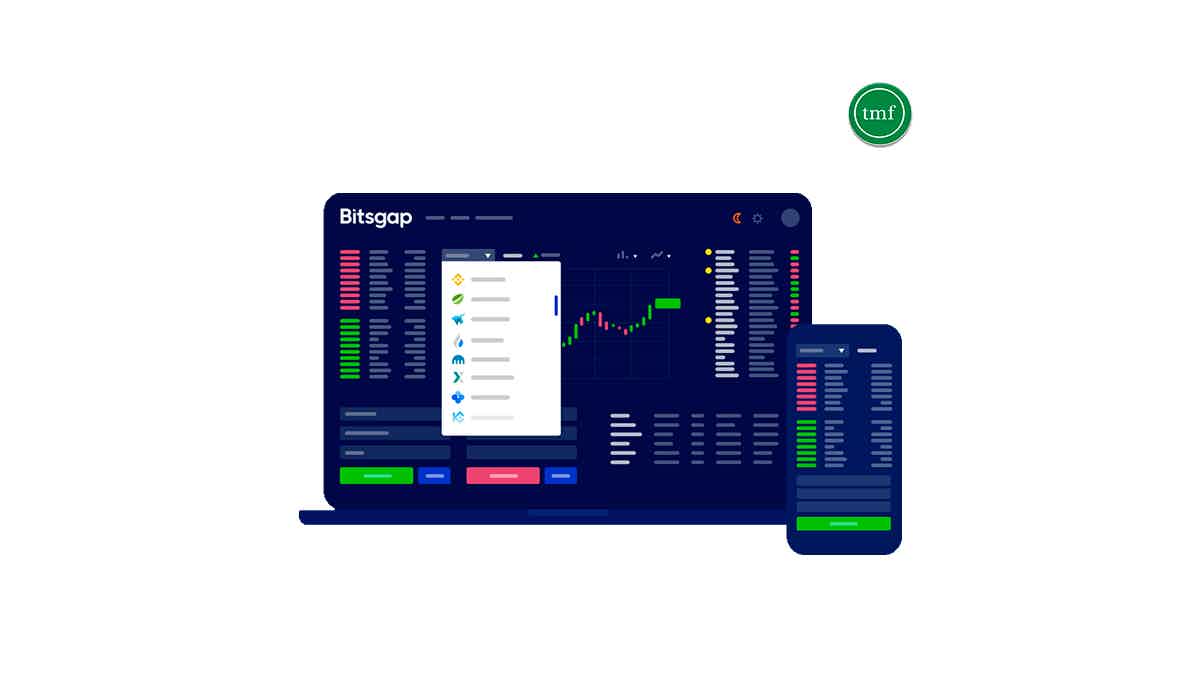 image of a laptop and a smartphone with the Bitsgap trading bot platform on the screens