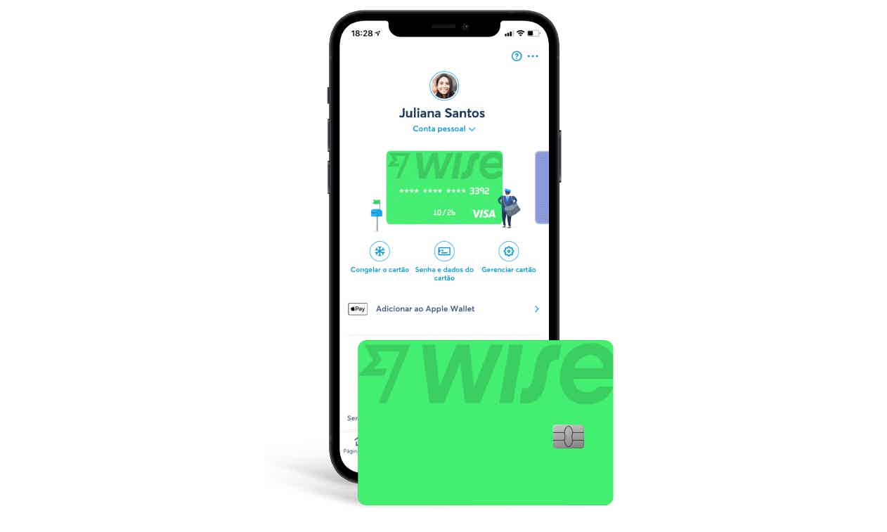 Cartão Wise e celular com aplicativo Wise