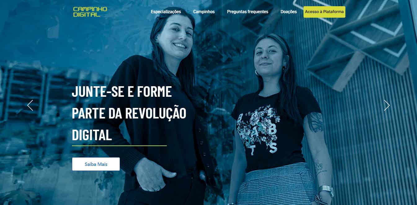 Imagem principal do site Campinho Digital com a frase em destaque "Junte-se e forme parte da revolução digital".