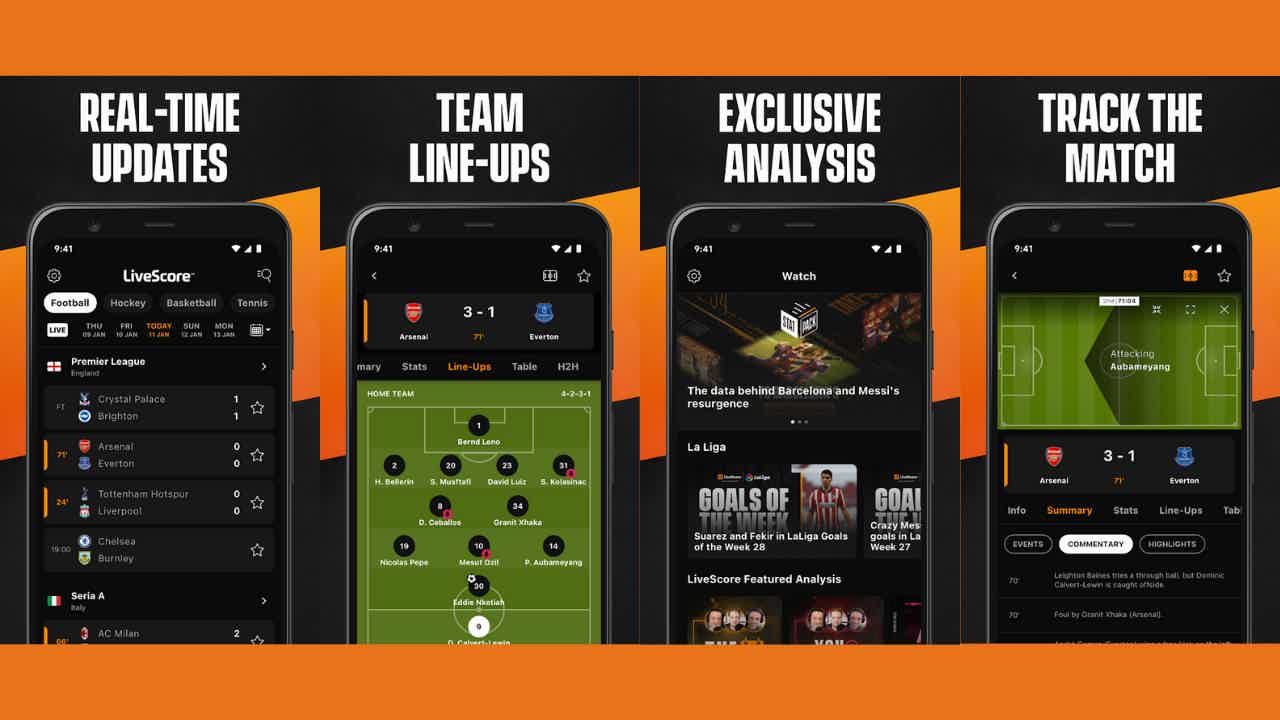 Funções disponíveis do aplicativo de futebol LiveScore. Fonte: Google Play.