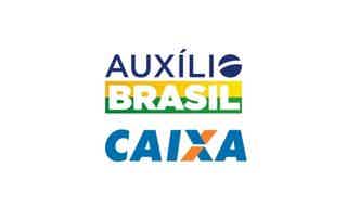 Imagem escrito "Auxílio Brasil" no topo e "Caixa" no final