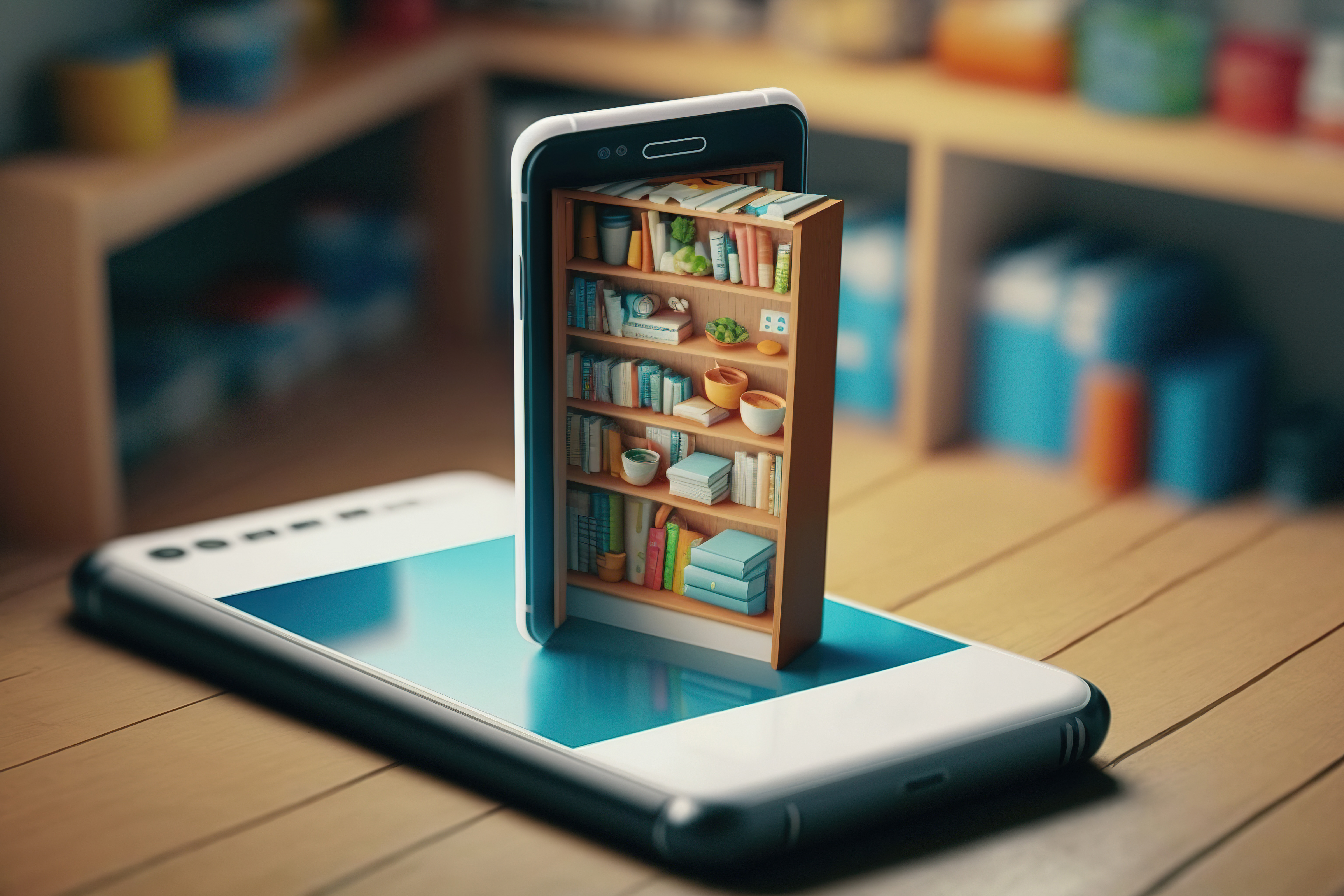 Imagem conceitual de celular sobre a mesa com estante de livros saindo da tela
