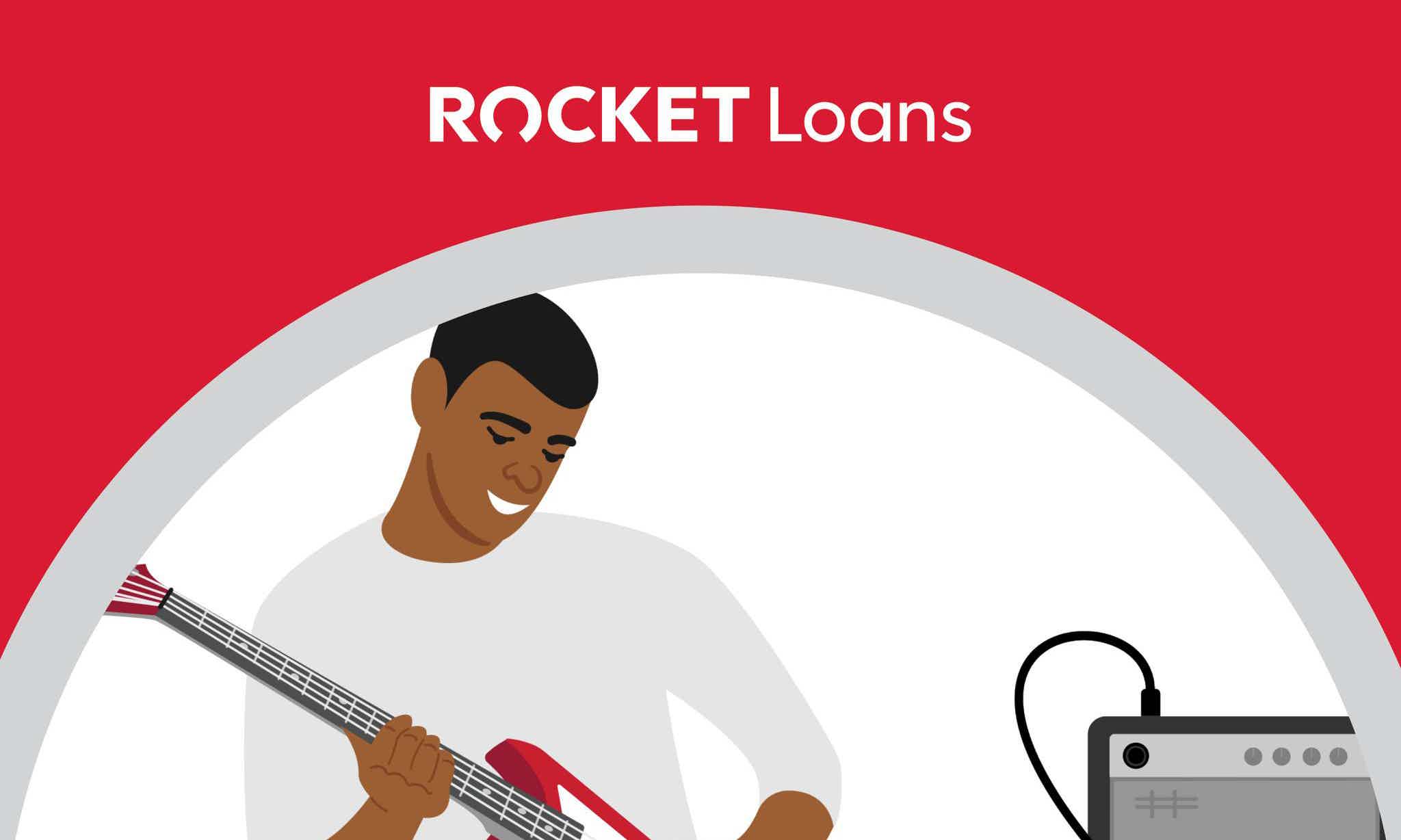 Logo Rocket Loans e desenho de pessoa tocando guitarra