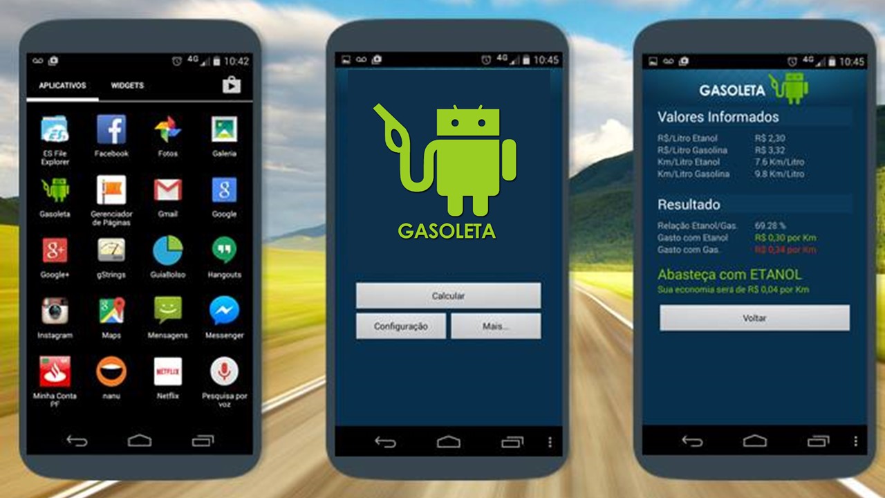 3 telas de celular com app Gasoleta aberto
