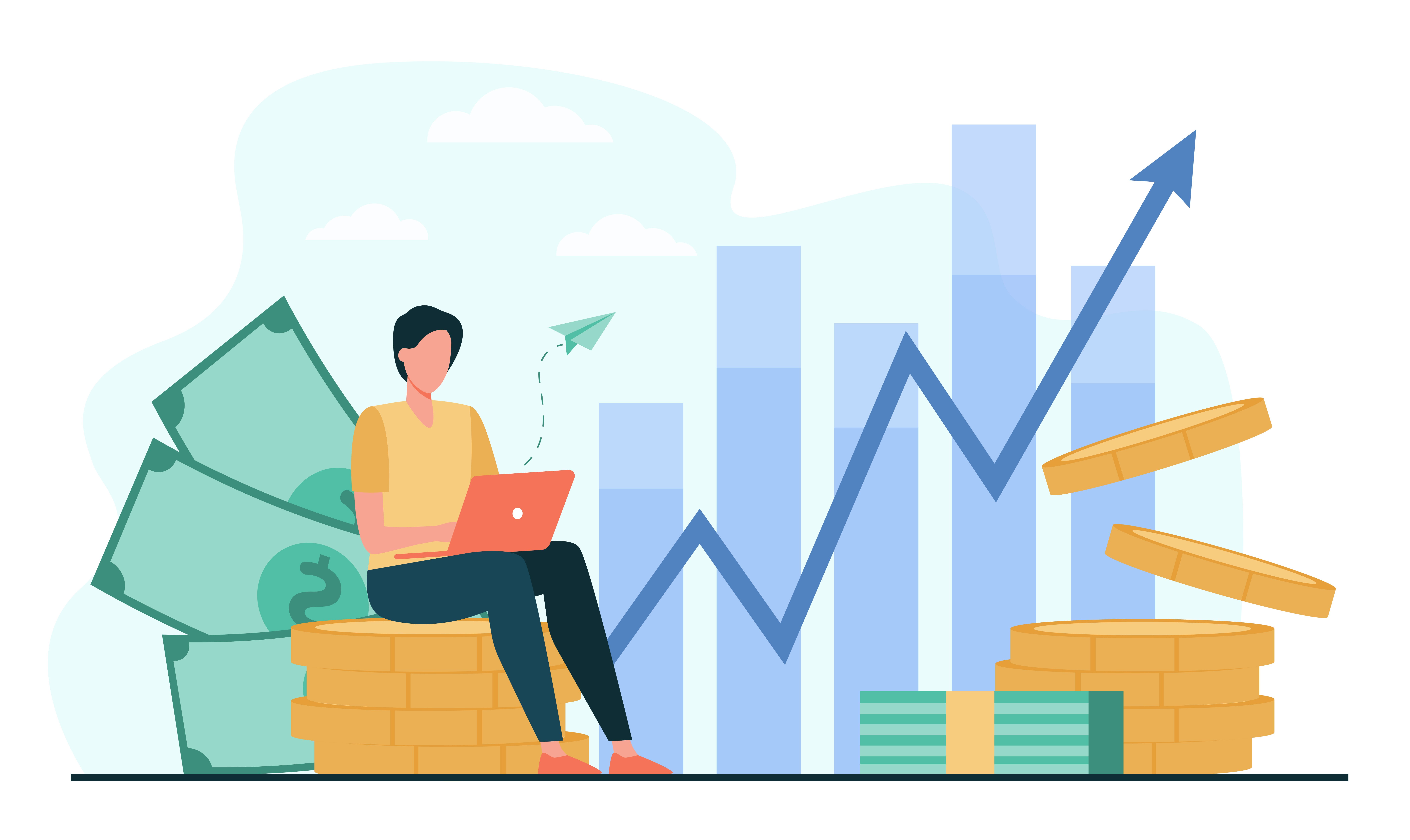 drawing of a person sitting using a laptop on a background with graphics on a city