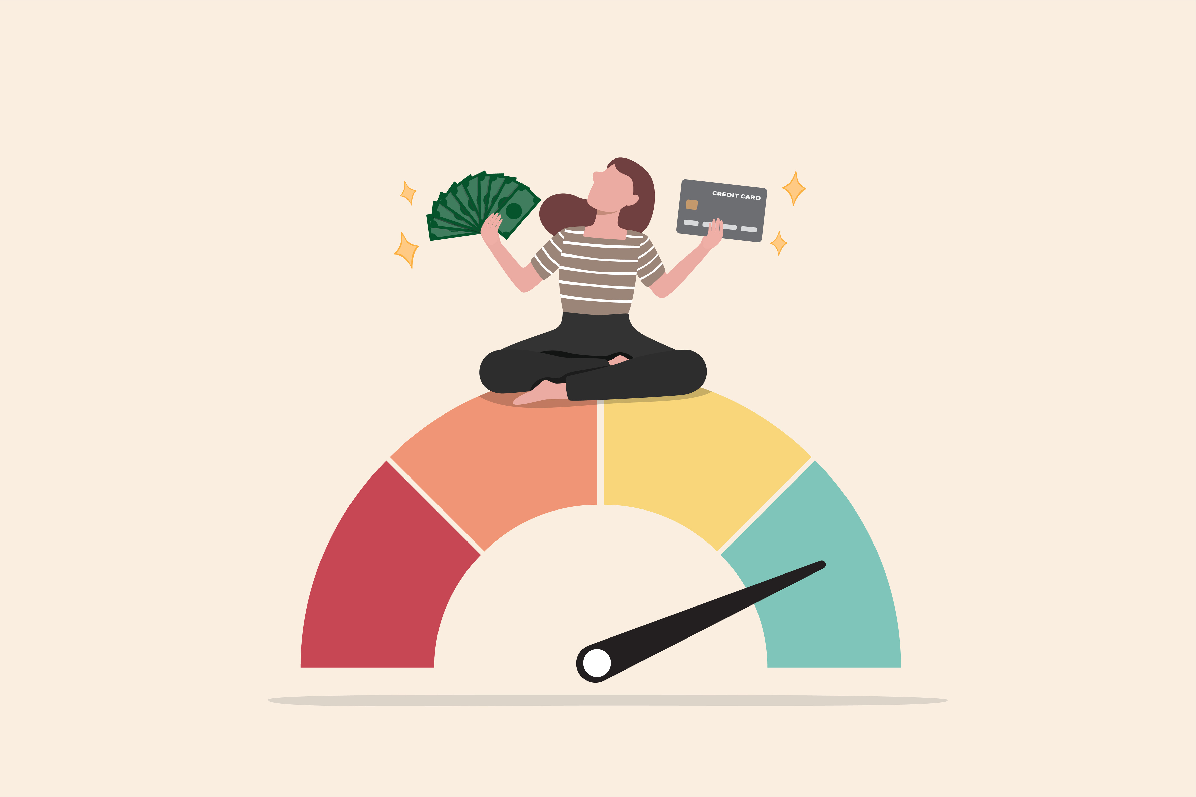 illustration of a person on top of a credit score meter holding money and a credit card