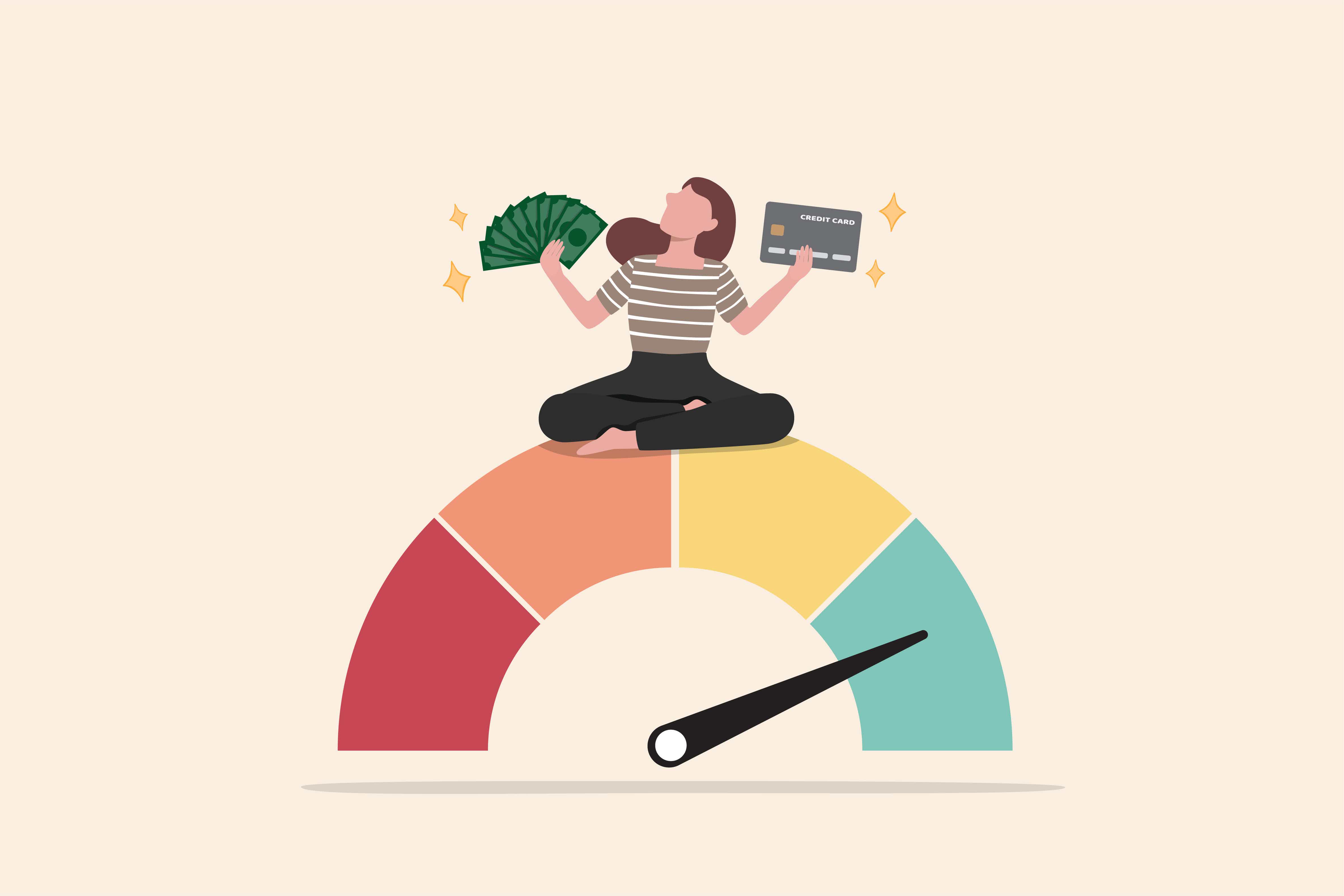 illustration of a person on top of a credit score meter holding money and a credit card