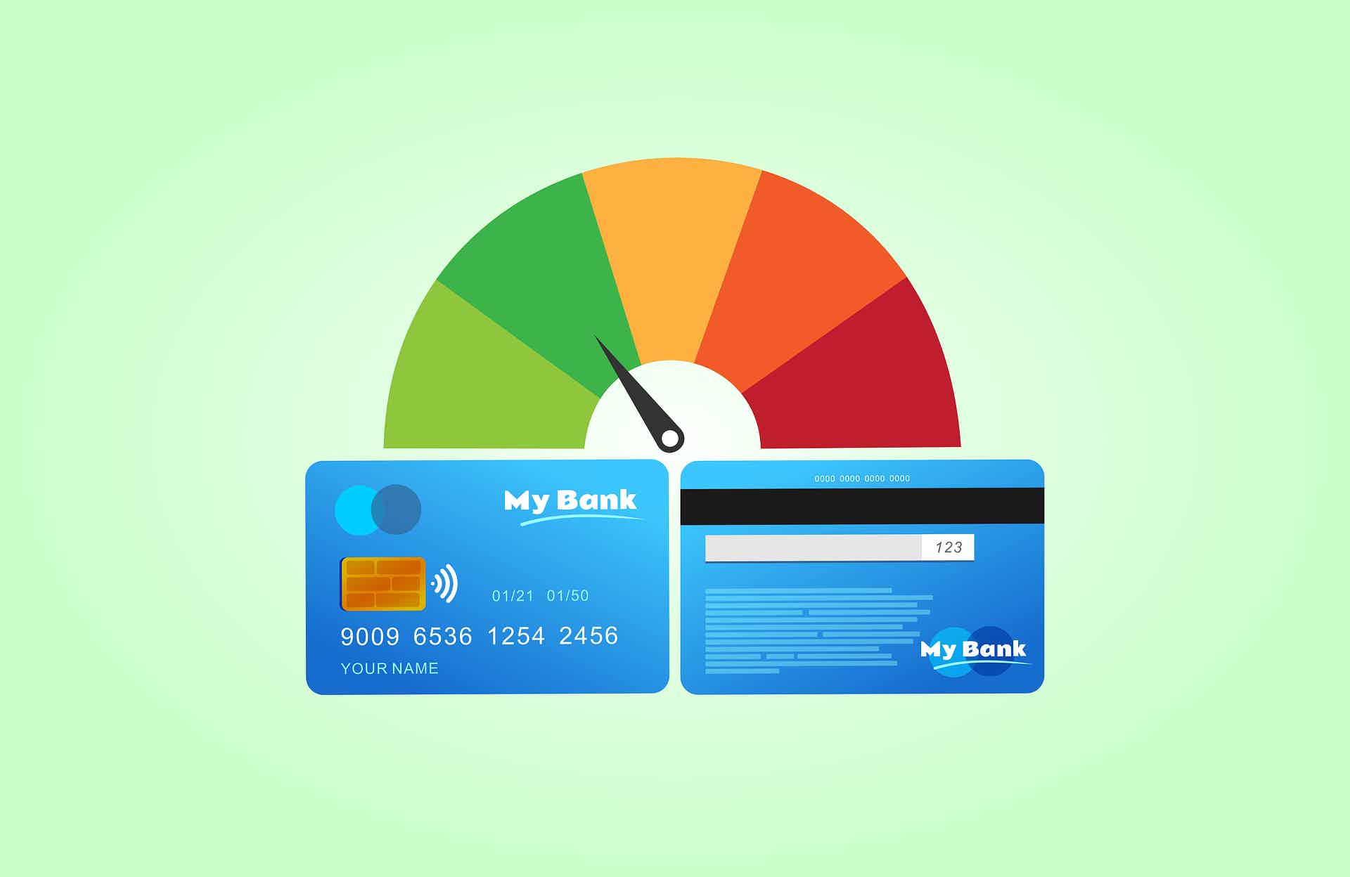 credit score indicator with color levels from poor to excellent. Front and back of a credit card representation