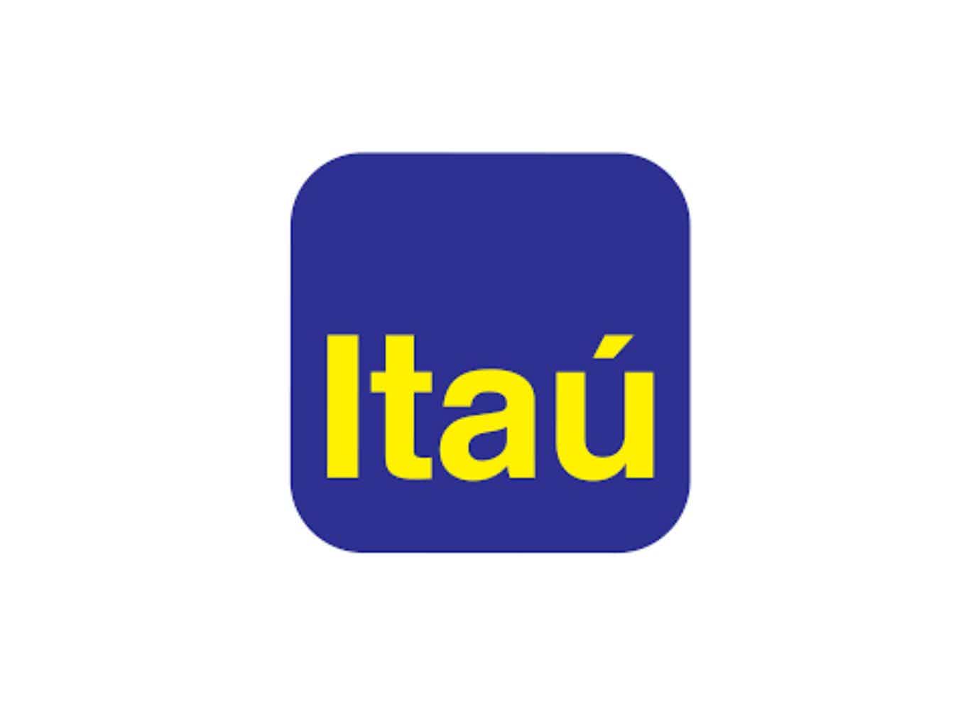 Imagem com fundo braco destacando um quadrado azul com as bordas arredondados escrito "Itaú" no centro