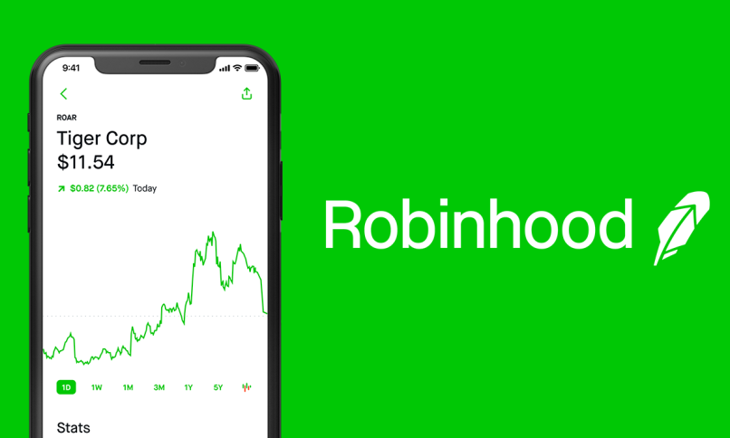 Logo Robinhood e celular com app fundo verde