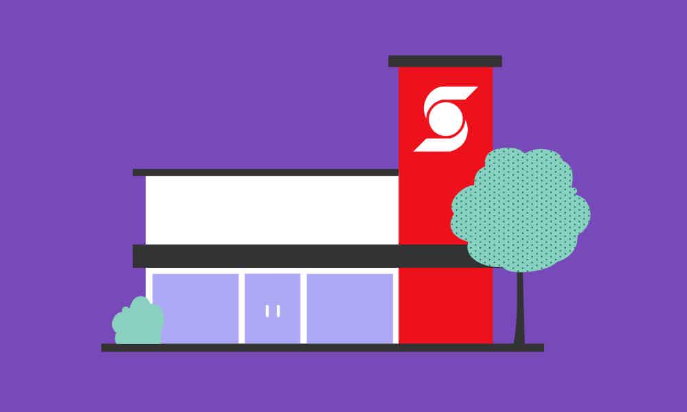 Desenho de prédio com fachada Scotiabank fundo roxo