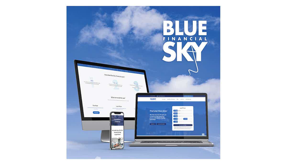 Computadores e celular com site/aplicativo Blue Sky Financial; logo Blue Sky Financial