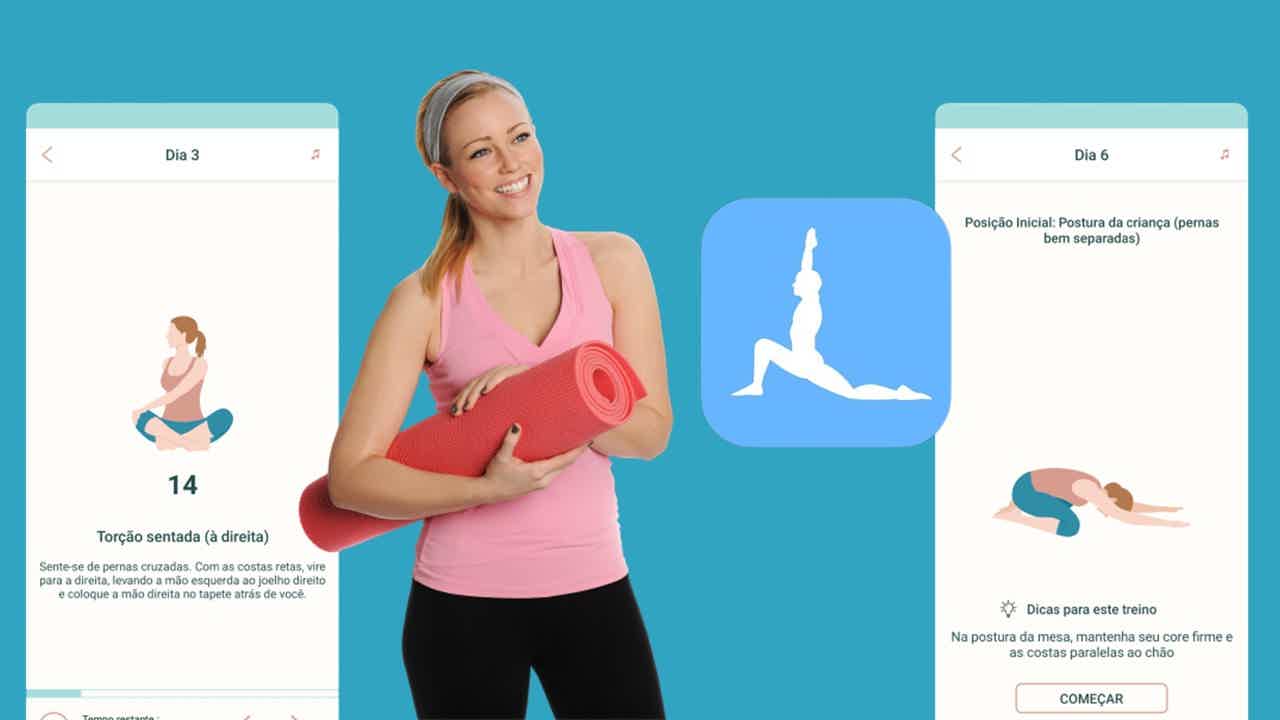 Mulher sorrindo segurando tapete de yoga ao lado de logo do app